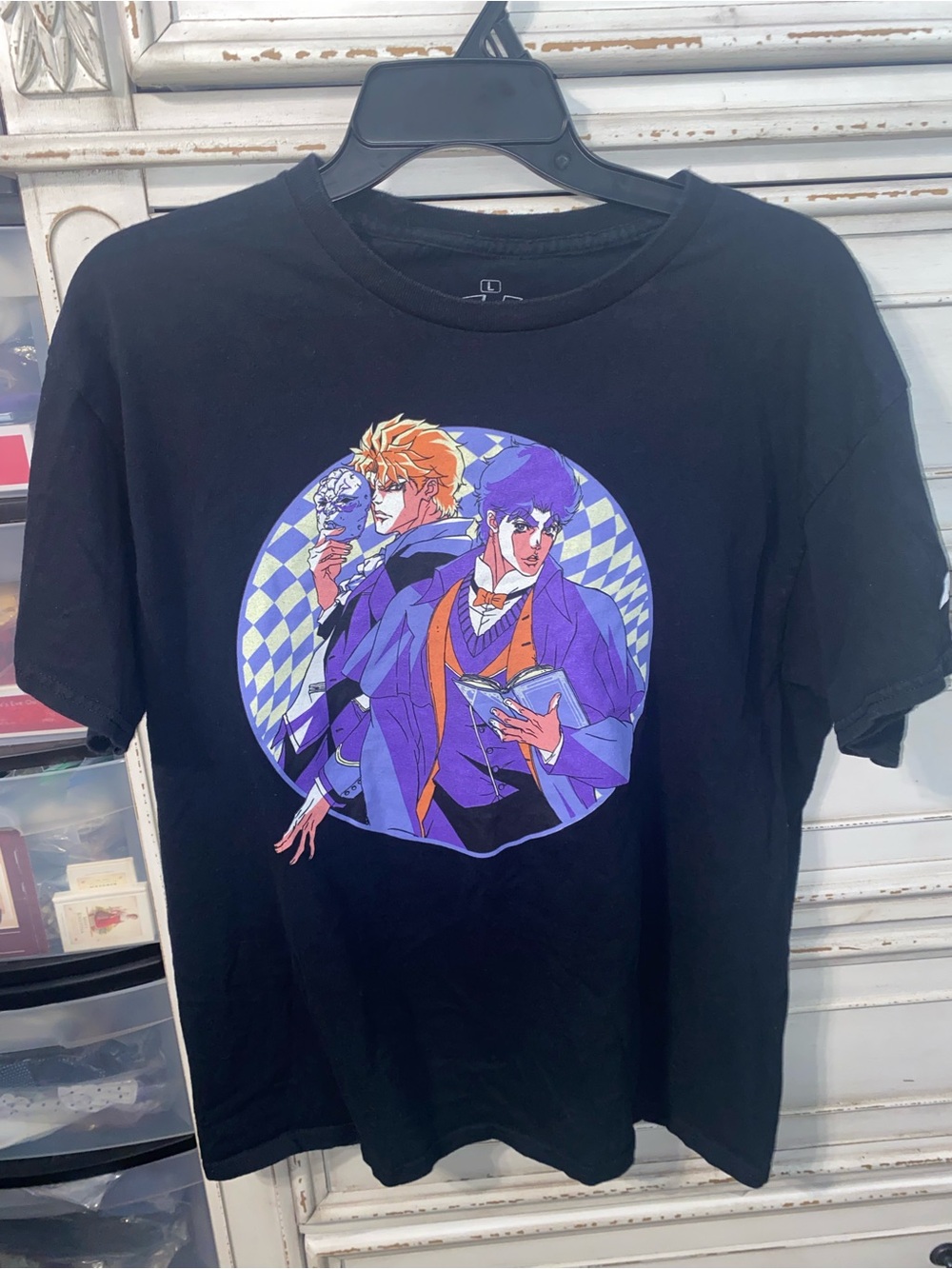 Black Short Sleeve Graphic Tee with Purple & Orange Anime Illustration